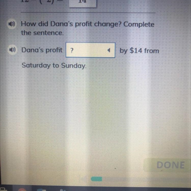 How did Dana's profit change? Complete the sentence. Dana's profit ? by $14 from Saturday-example-1