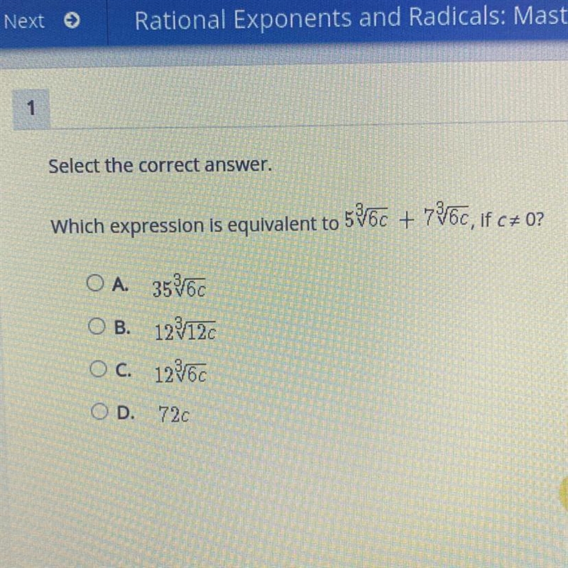 Which expression is equivalent to 586c + 736c, if c+ 0?-example-1