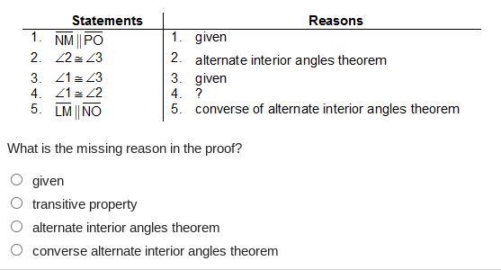 What is the missing reason in the proof? given transitive property alternate interior-example-2