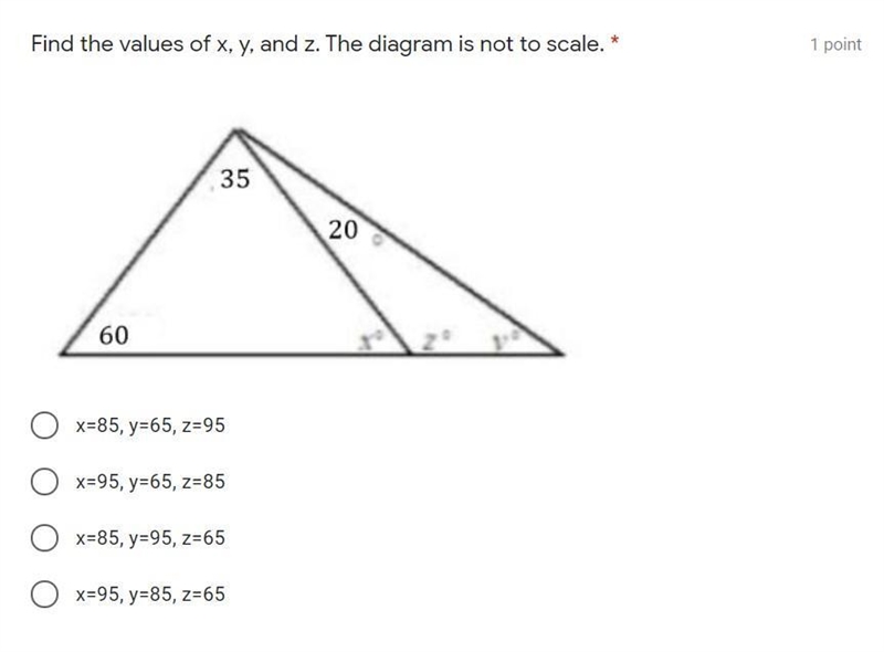 Find the values of x, y, and z. The diagram is not to scale.-example-1