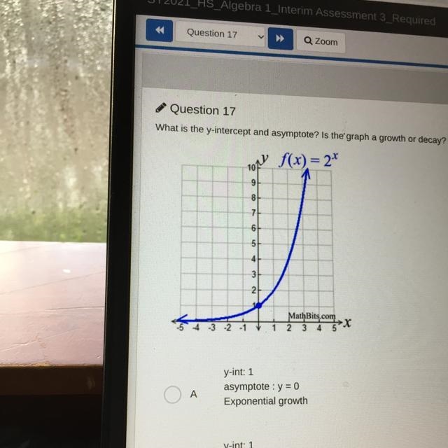 Question 17 What is the y-intercept and asymptote? Is the graph a growth or decay-example-1