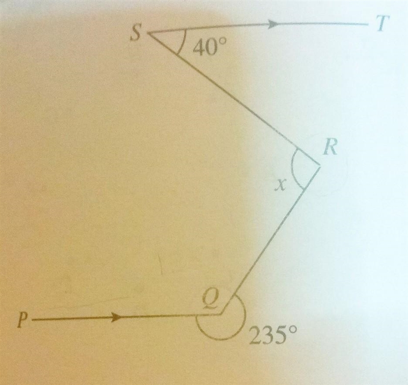 In the diagram, PQ and ST are parallel lines. Find the value of x. please help!!​-example-1