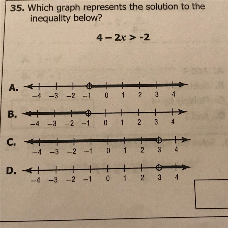 35. Which graph represents the solution to the inequality below? 4- 2x > -2 PLEASE-example-1