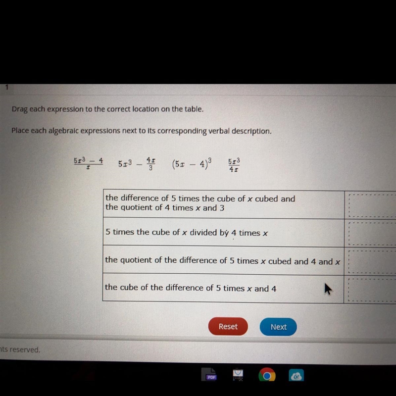 Drag each expression to the correct location on the table. Place each algebraic expressions-example-1