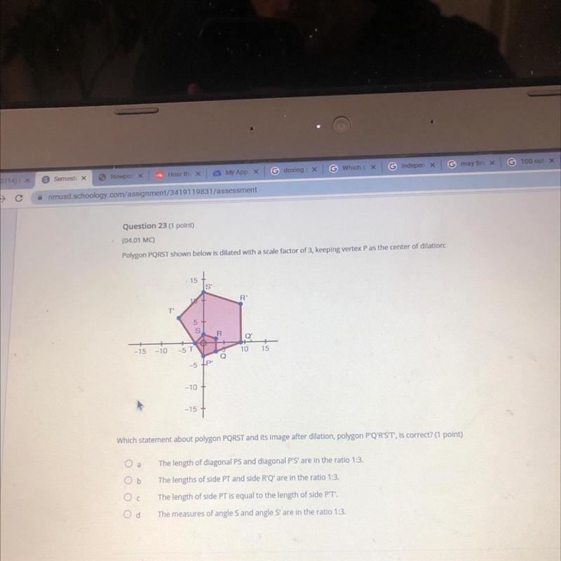 Polygon PQRST shown below is dilated with a scale factor of 3, keeping vertex P as-example-1