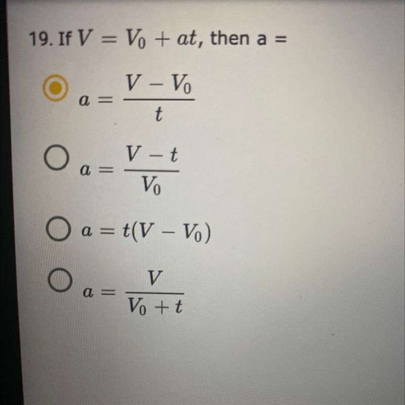 19.If V= V + at, then a=-example-1