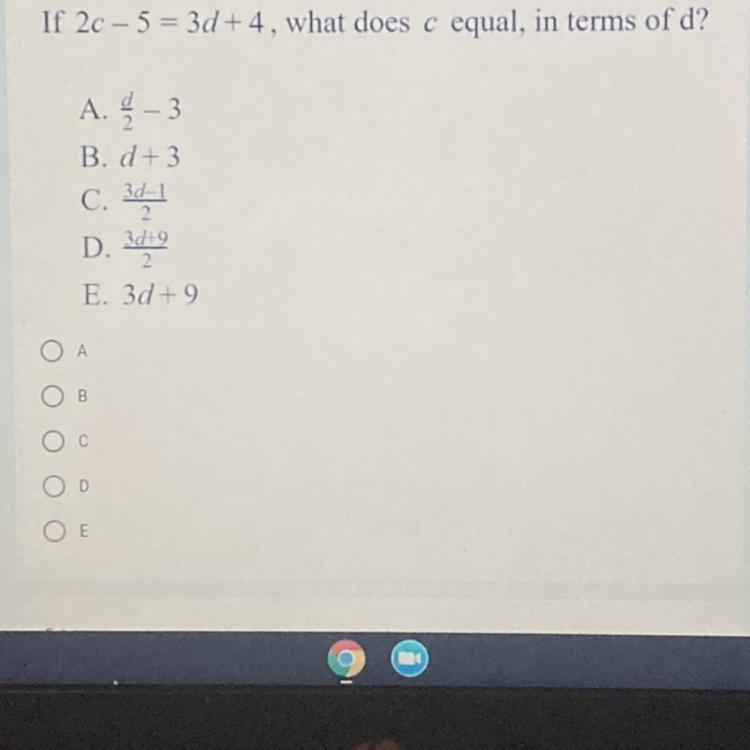 If 2c - 5 = 3d + 4, what does c equal, in terms of d?-example-1