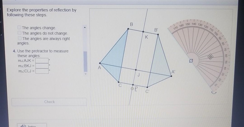 Use the protractor to measure these angles: M<AJK = m<BKU = m<CLJ = ​-example-1