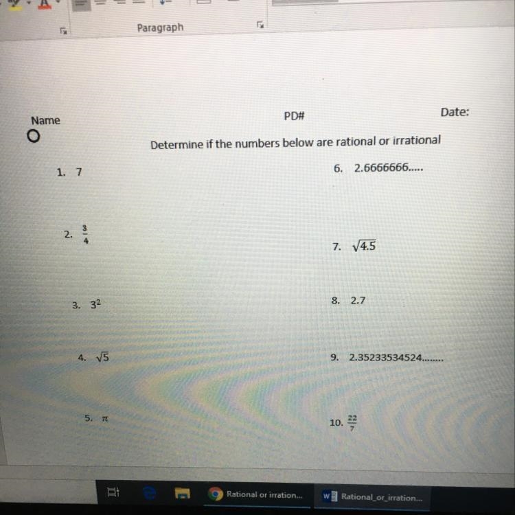 Help with rational and irrational numbers.-example-1