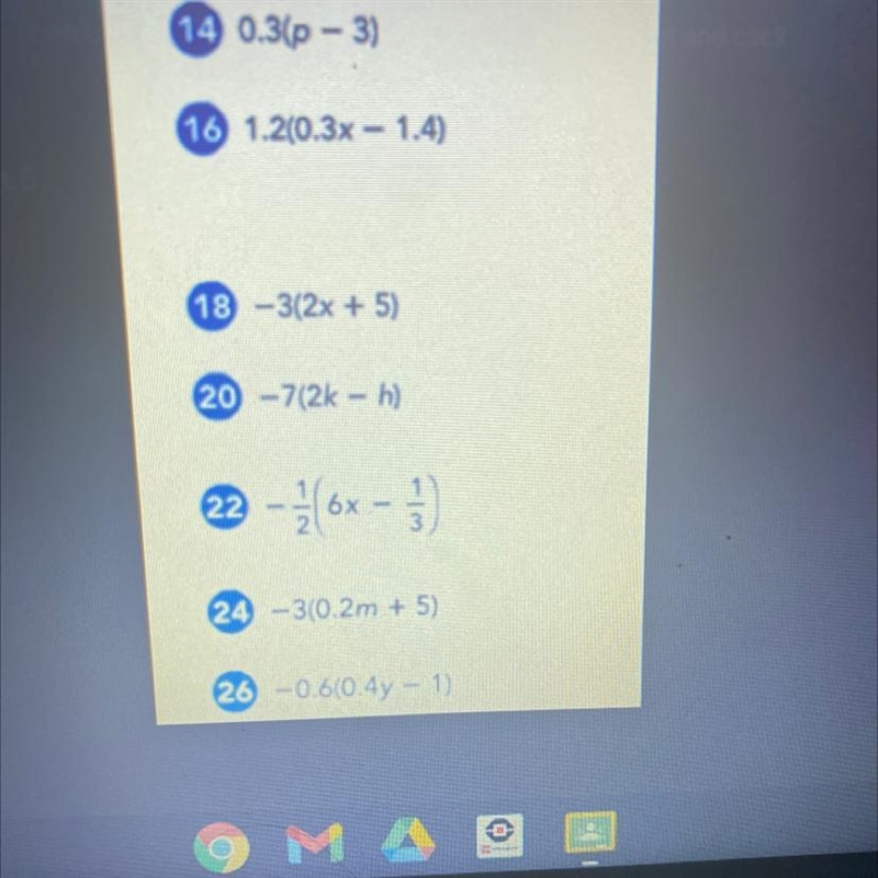 1) 0.3(p - 3) 2) 1.2(0.3x - 1.4) 3) -3(2x + 5) 4) -7(2k - h) 5) -1/2 (6x - 1/3) 6) -3(0.2m-example-1