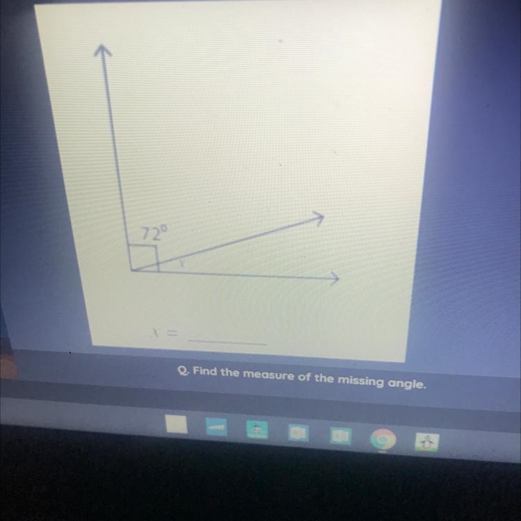 72° 2 degrees x= Q. Find the measure of the missing angle.-example-1