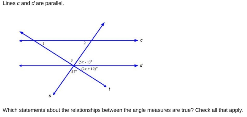 Lines c and d are parallel. Parallel lines c and d are cut by transversals s and t-example-1