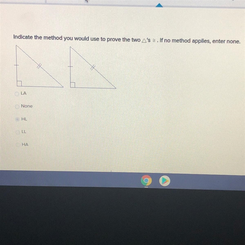 Indicate the method you would use to prove the two triangles. If no method applies-example-1