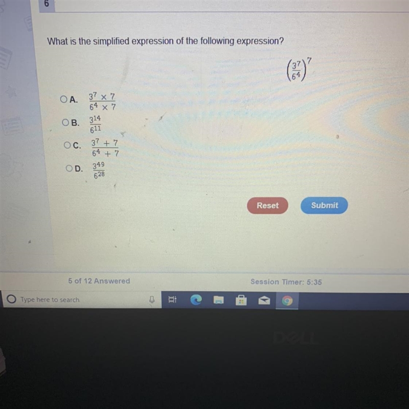 What is the simplified expression of the following expression? 7 OA. 37 x 7 64 x 7 314 611 OB-example-1