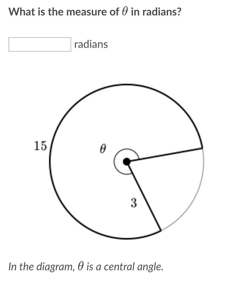 What is the measure of θ in radians? In the diagram, θ is a central angle.-example-1