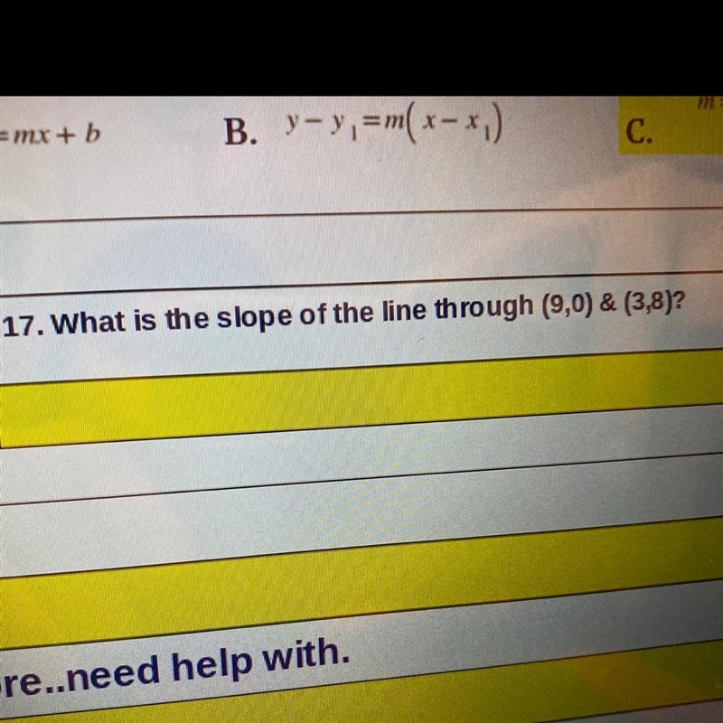 Find the slope of the line through (9,0) and (3,8)-example-1