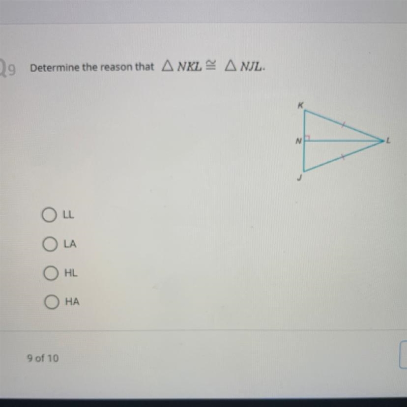 Determine the reason that triangle NKL is congruent to triangle NJL.-example-1