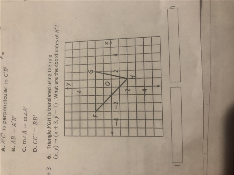 Triangle FGH is translated using the rule (x,y) > (x+3,y-1). What are the coordinates-example-1