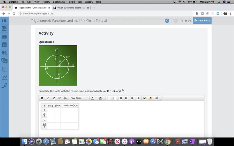 Complete the table with the cosine, sine, and coordinates of 0, π/2,π , and 3π/2. Look-example-1