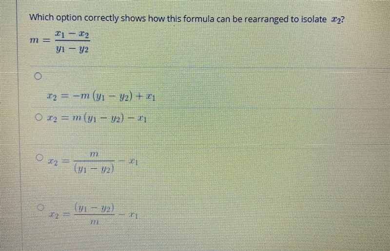 Which option correctly shows how this formula can be rearranged to isolate x^2? Options-example-1