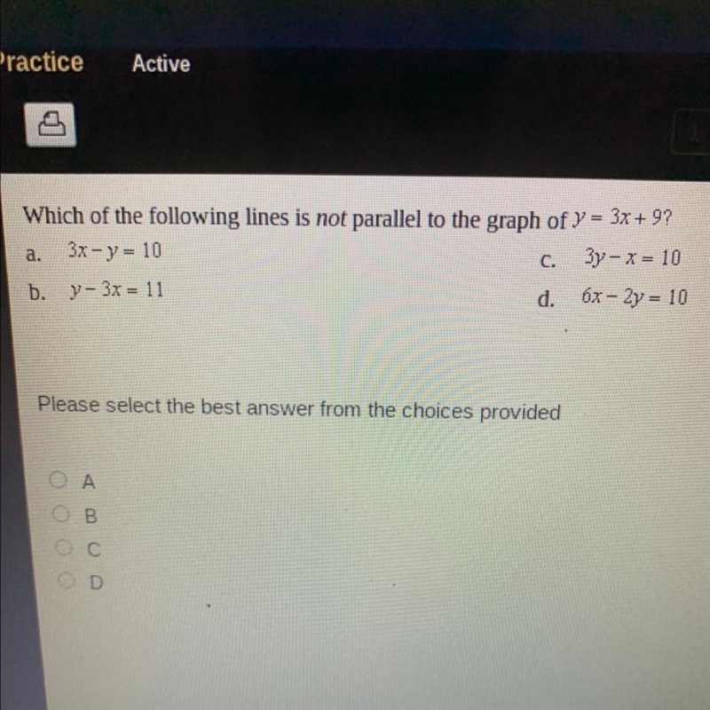 Which of the following lines is not parallel to the graph of y=3x +9?-example-1