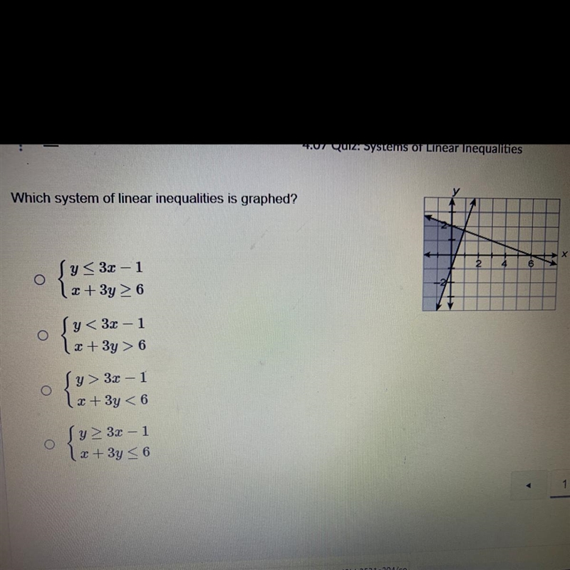 Hurryyyy Which system of linear inequalities is graphed?-example-1