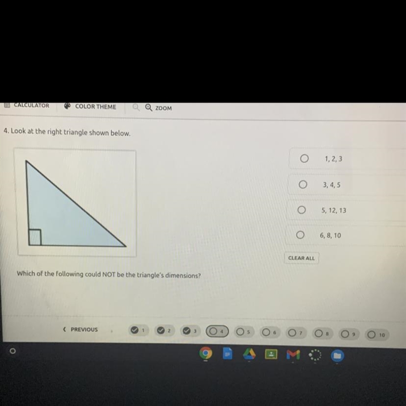 Look at the right triangle shown below. Which of the folllowing could not be the triangle-example-1