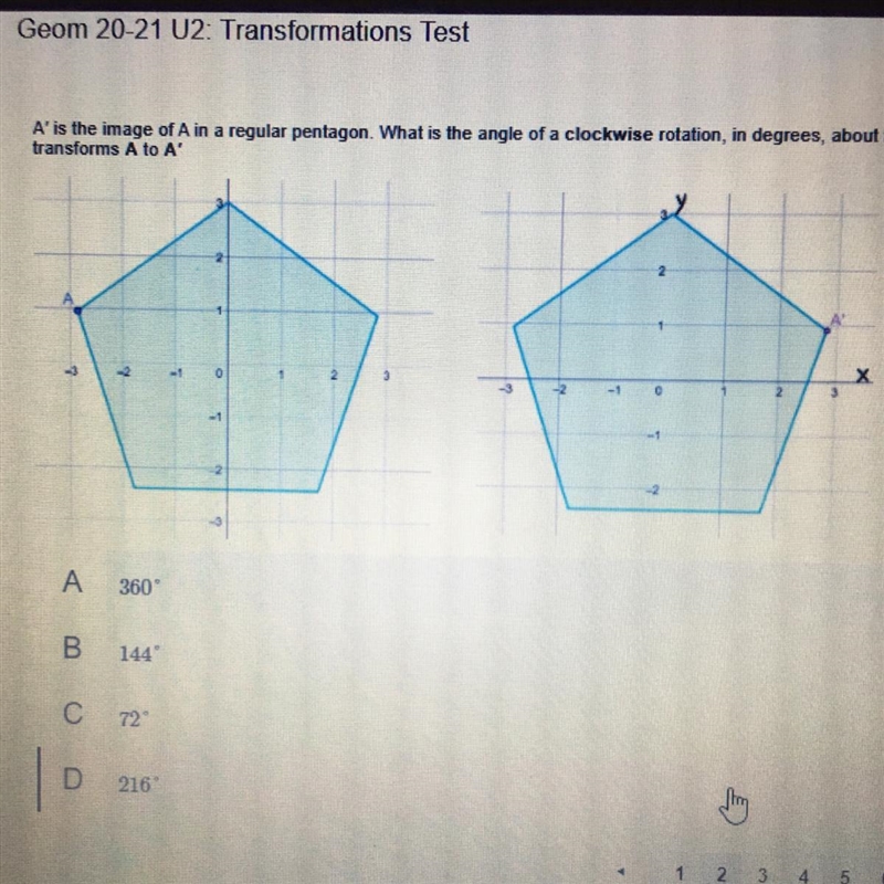 A’ is the image of A in a regular pentagon. What is the angle of a clockwise rotation-example-1