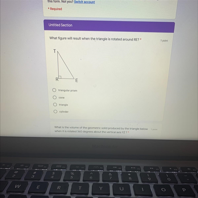 What figure will result when the triangle is rotated around RE?-example-1