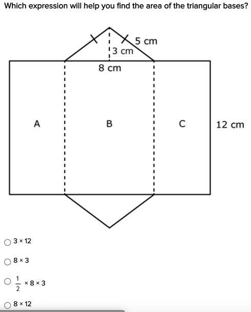 Which expression will help you find the area of the triangular bases?-example-1