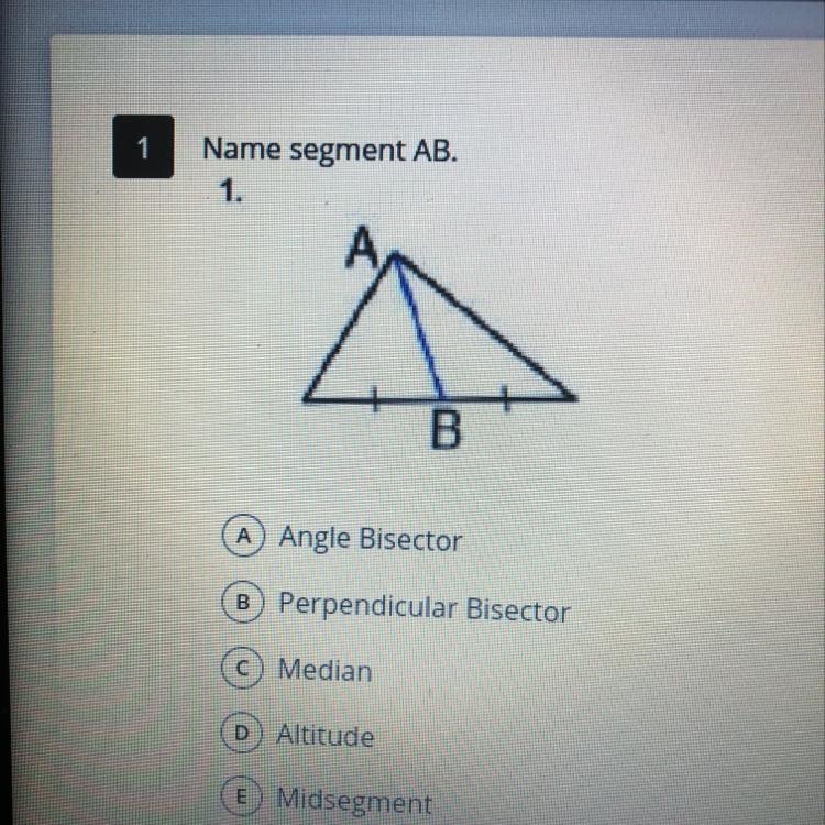 1 Name segment AB. 1. B A Angle Bisector B Perpendicular Bisector C Median D Altitude-example-1