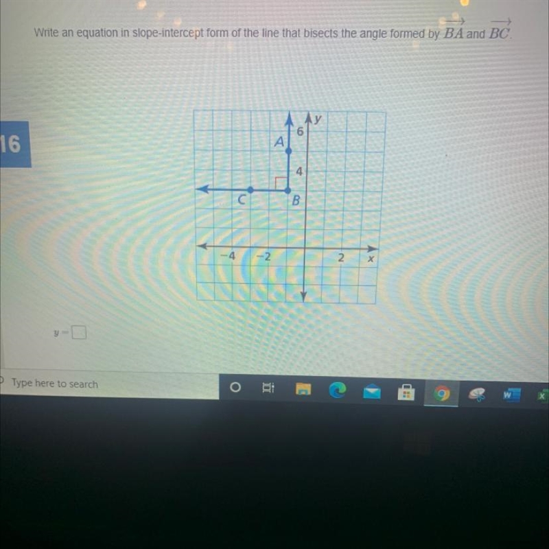 Write an equation in slope-intercept form of the line that bisects the angle formed-example-1