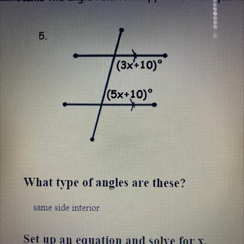 (3x+10) (5x+10) Set up an equation and solve for x.-example-1