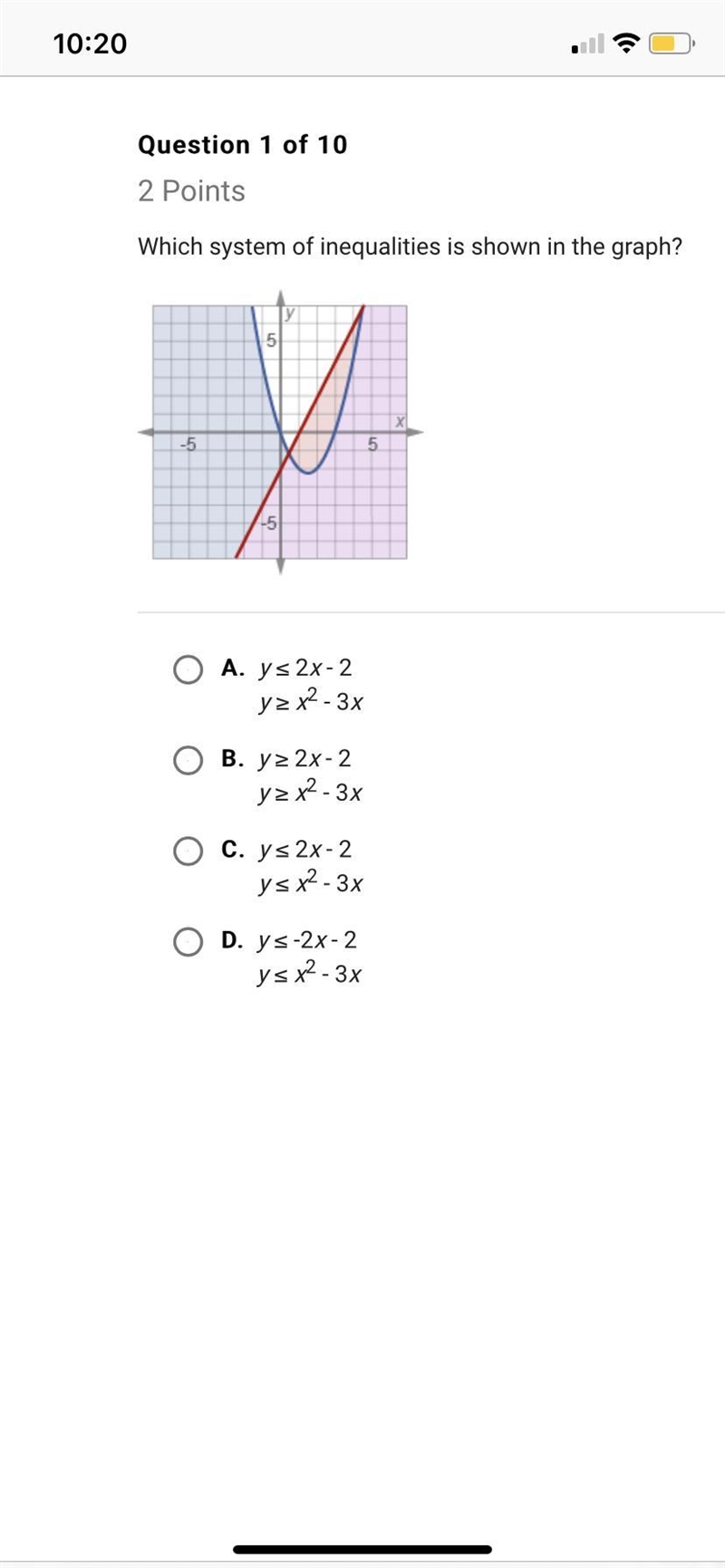 Which system of inequalities is shown in the graph-example-1