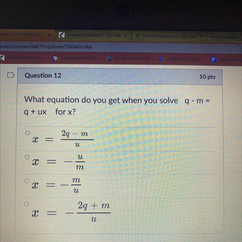 What equation do you get when you solve q- m = q + ux for x?-example-1