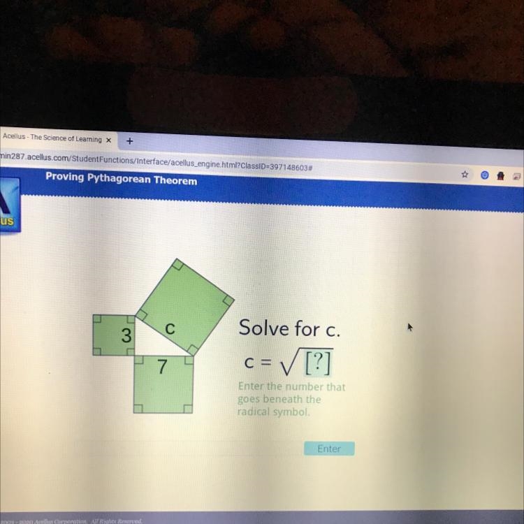 С 3 7 Solve for c. = ✓ [?] Enter the number that goes beneath the radical symbol. C-example-1