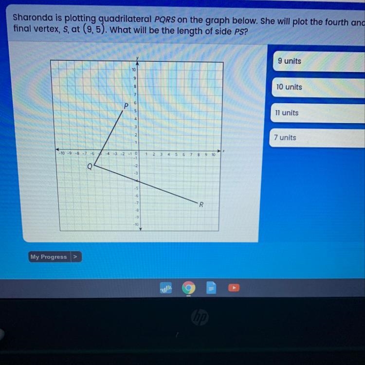 Sharonda is plotting quadrilateral PQRS on the graph below. She will plot the fourth-example-1