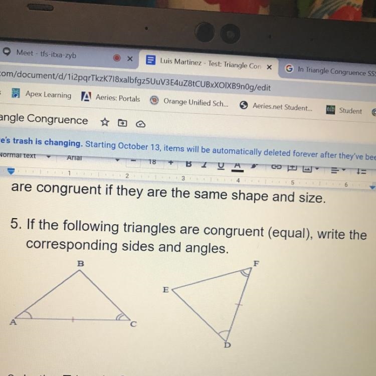 If the following triangles are congruent (Equal), write the corresponding sides and-example-1