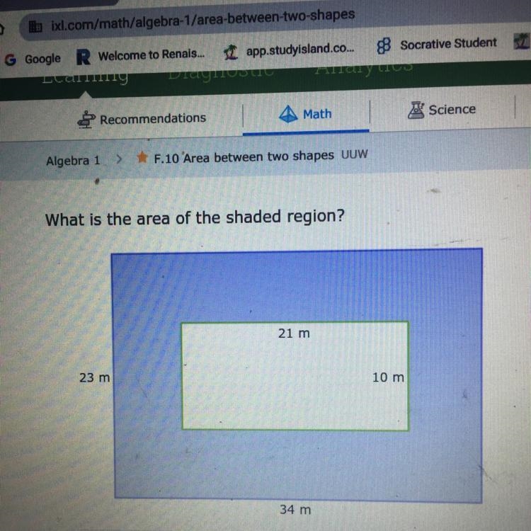 What is the area of the shaded region? 21 m 23 m 10 m 34 m-example-1