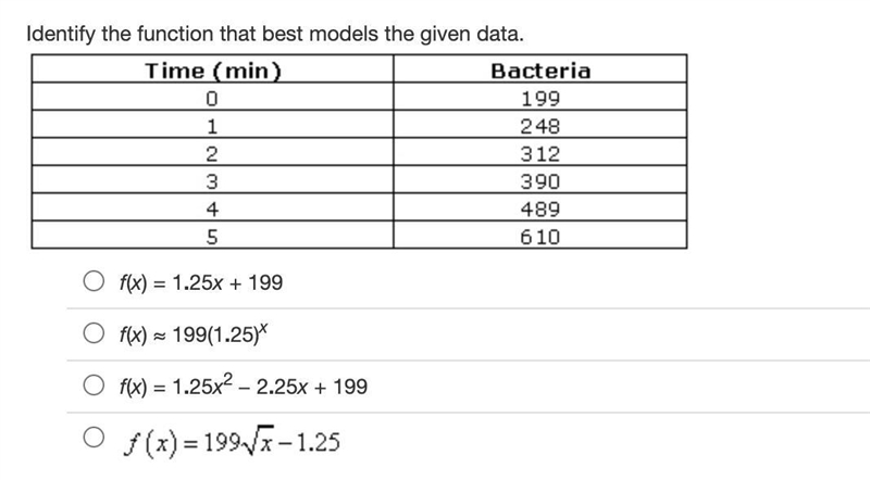 Identify the function that best models the given data. HELP ASAP THANKS!!!-example-1