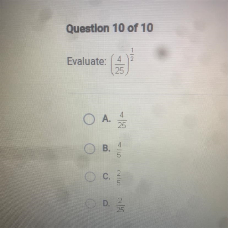 Evaluate: (4/25)^1/2 in fraction-example-1