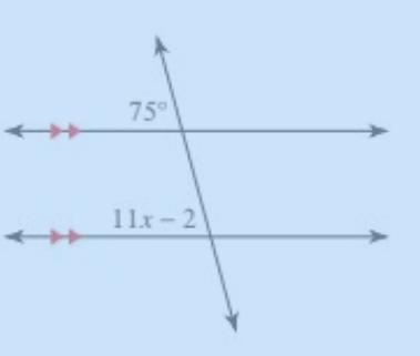 Parellel lines it says 75 degrees and on another line it says 11x-2 what's the answer-example-1