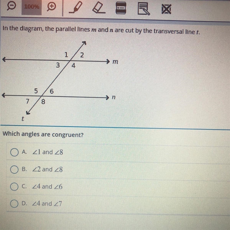 In the diagram, the parallel lines m and n are cut by the transversal line t. Which-example-1