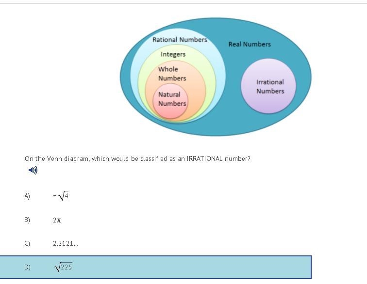 On the Venn diagram, which would be classified as an IRRATIONAL number?-example-1