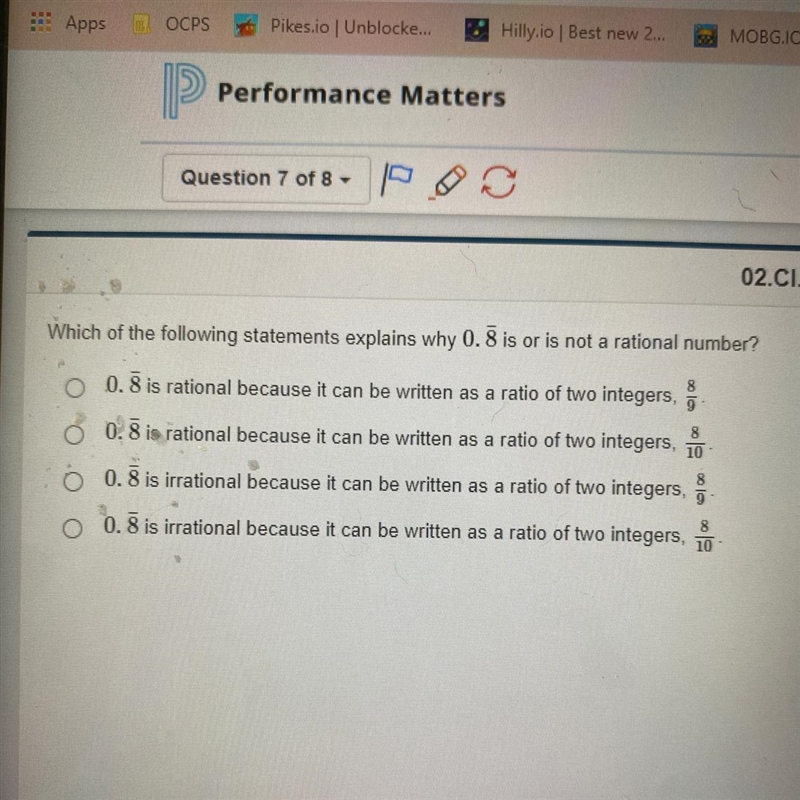 Which of the following statements explains why 0.8 is or is not a rational number-example-1