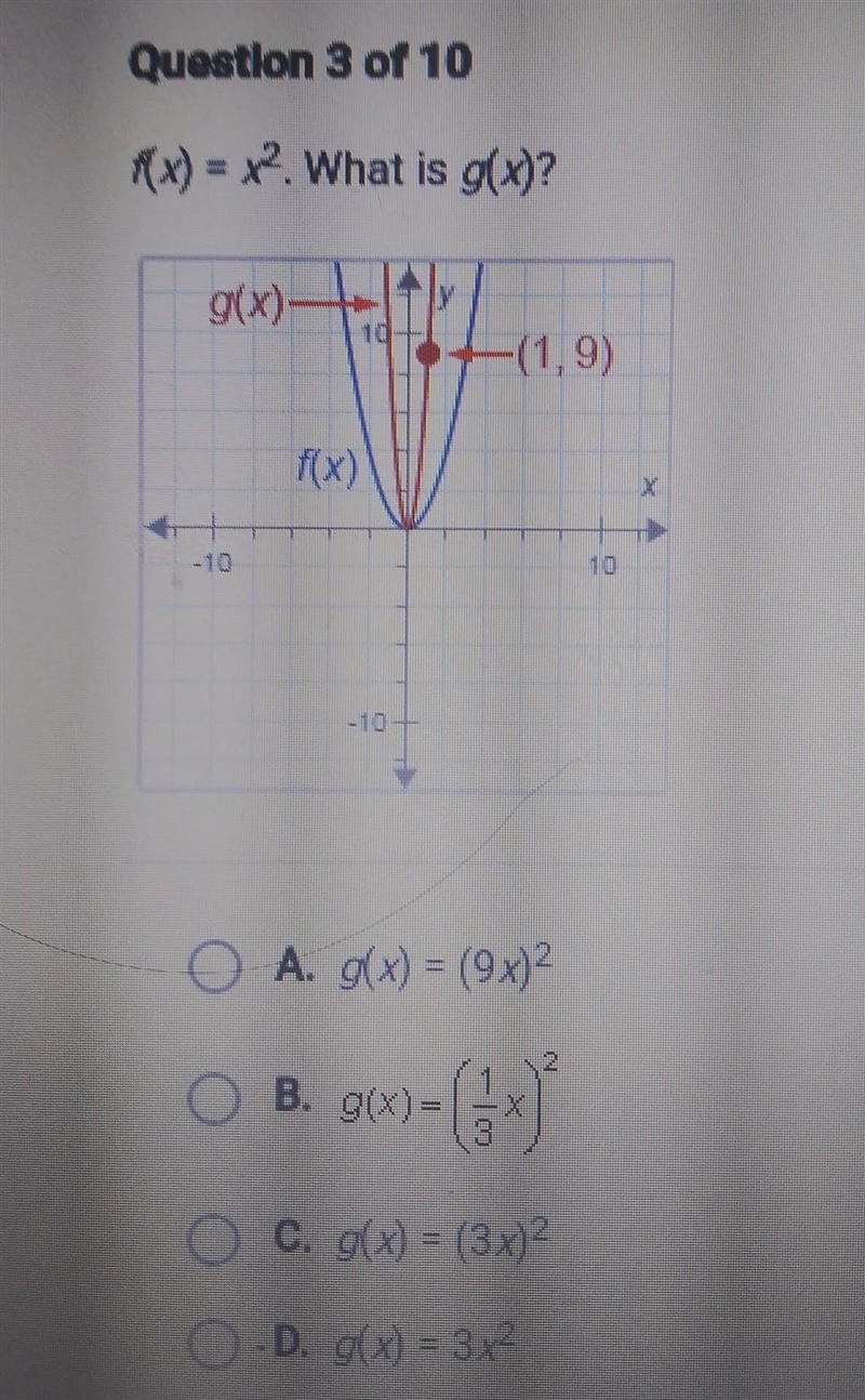 PLS HELP!!!!!!?? 21 points f(x)=x2. what is g(x)? A.g(x)=(9x)2 B.g(x)=(1/3x)2 C.g-example-1