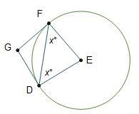 Angle G is a circumscribed angle of circle E. What is the measure of angle G, in terms-example-1