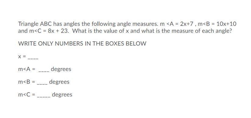 What is the value of x and what is the measure of each angle?-example-1