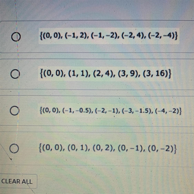 Which set of ordered pairs represents y as a function of x?-example-1