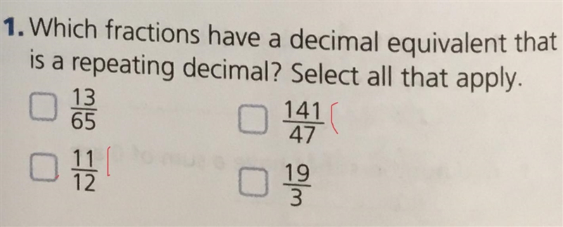 Which fractions have a decimal equivalent to a repeating decimal-example-1